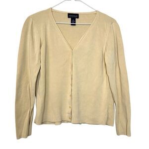 Ann Taylor Button Front Long Sleeve V-neck Silk Blend Cardigan Tan Medium Petite